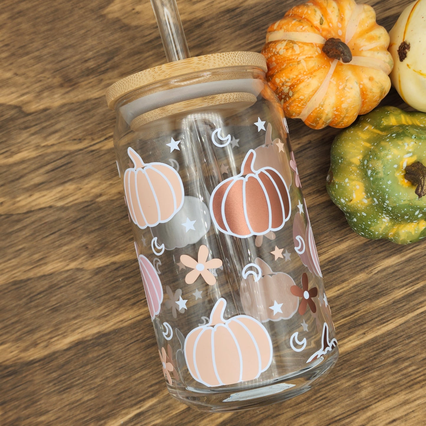 Pastel Pumpkin Beer Can Glass with lid & straw. Custom Glass. Iced Coffee Glass. Pumpkin Design. Pastel. Gift for Her